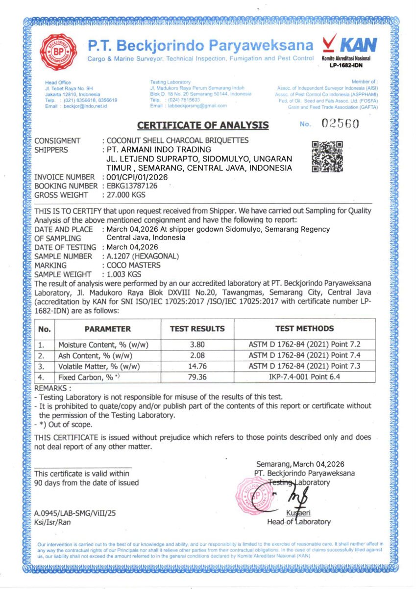 Coconut Charcoal Briquettes with Verified Lab Test – Low Ash Guaranteed